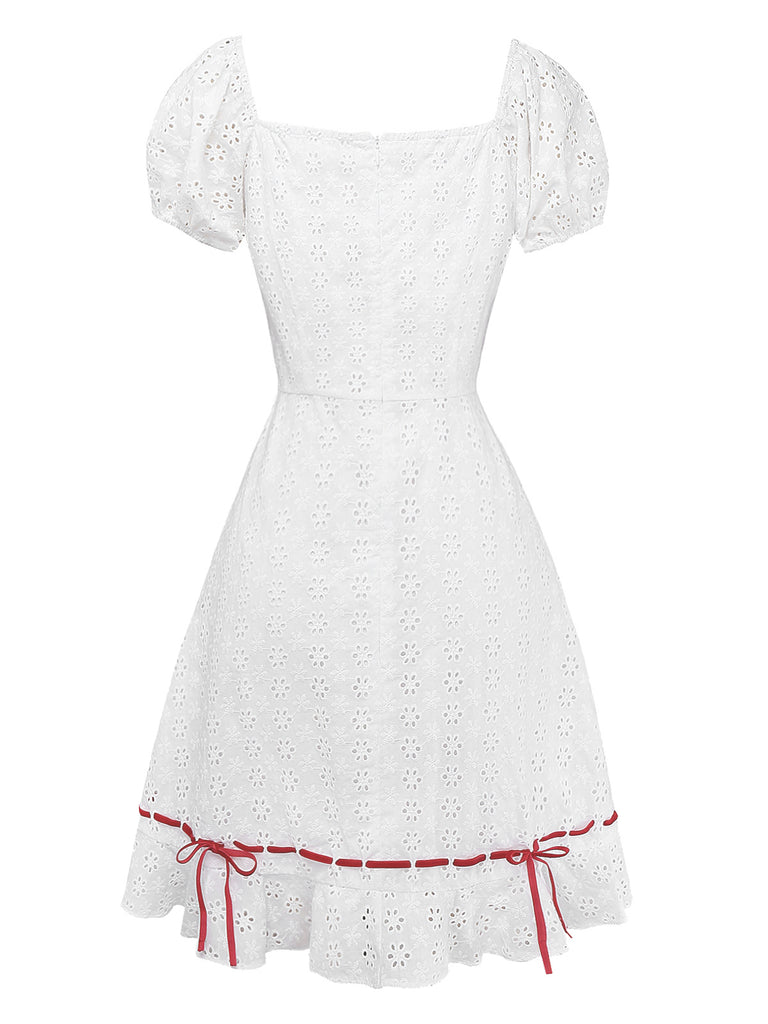 [Pre-Sale] White 1960s Cotton Embroidered Bow Puff Ruffled Dress