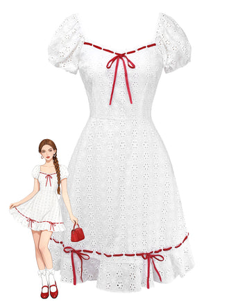 [Pre-Sale] White 1960s Cotton Embroidered Bow Puff Ruffled Dress