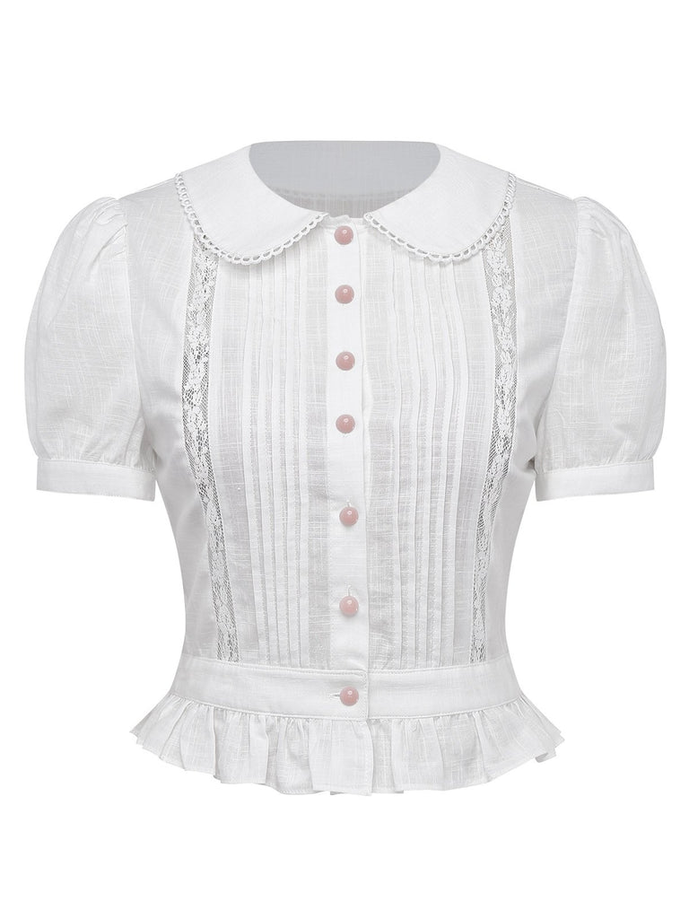 [Pre-Sale] White 1950s Cotton Peter Pan Collar Tucked Lace Blouse