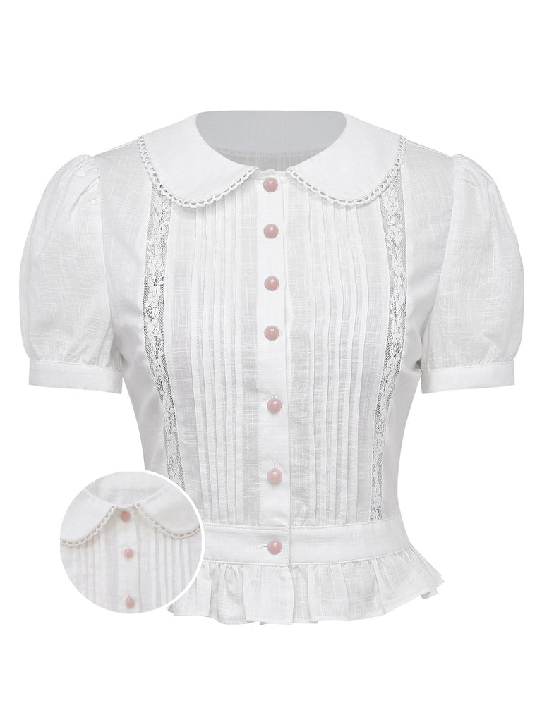 [Pre-Sale] White 1950s Cotton Peter Pan Collar Tucked Lace Blouse
