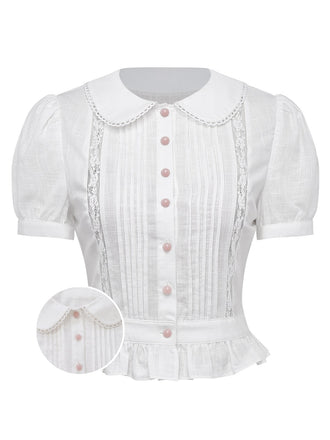 [Pre-Sale] White 1950s Cotton Peter Pan Collar Tucked Lace Blouse