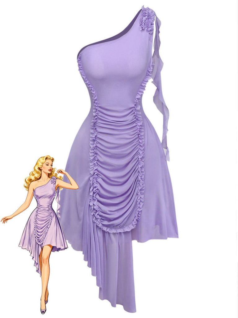 Purple 1970s Mesh One-Shoulder Ruffled Asymmetrical Dress
