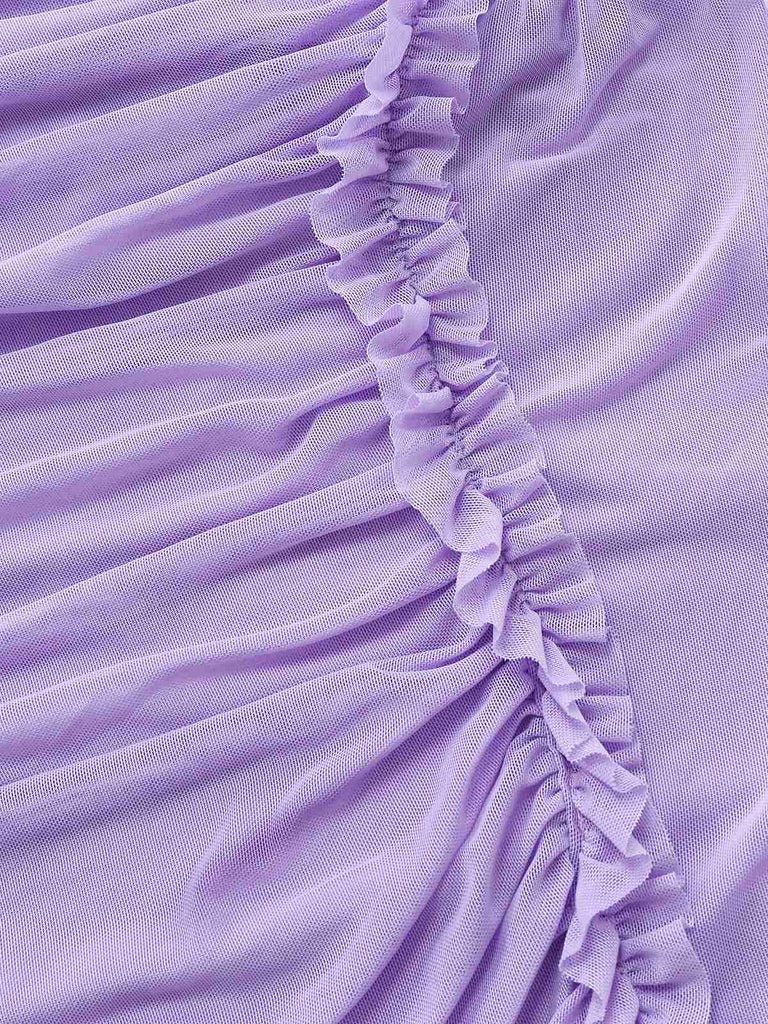 Purple 1970s Mesh One-Shoulder Ruffled Asymmetrical Dress