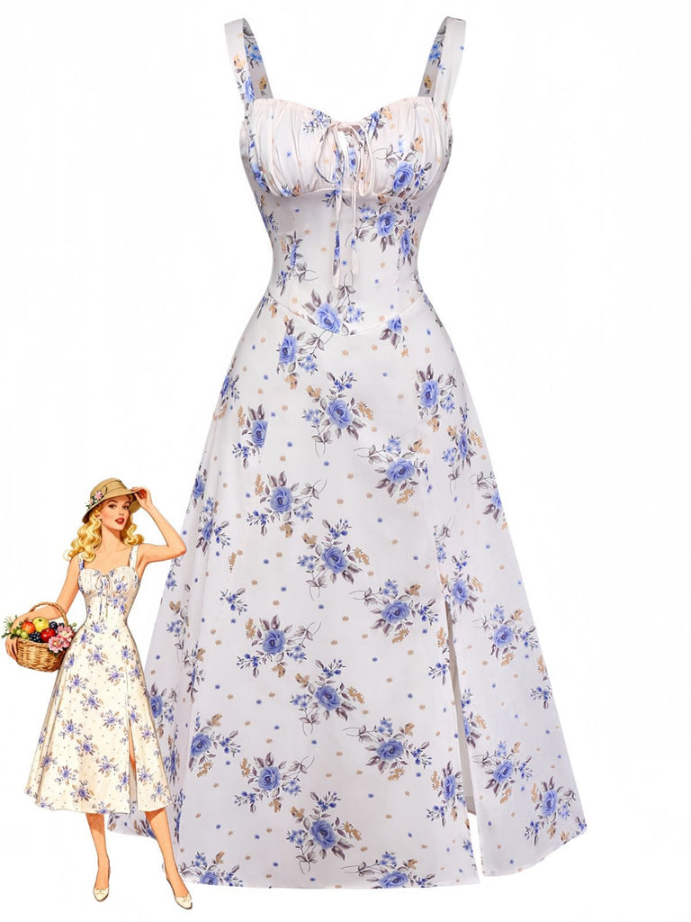 Beige 1950s Floral Lace-Up Side-Slit Dress