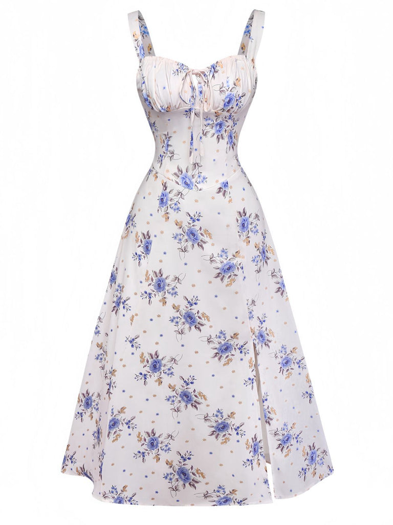 Beige 1950s Floral Lace-Up Side-Slit Dress