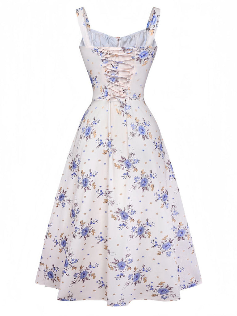 Beige 1950s Floral Lace-Up Side-Slit Dress