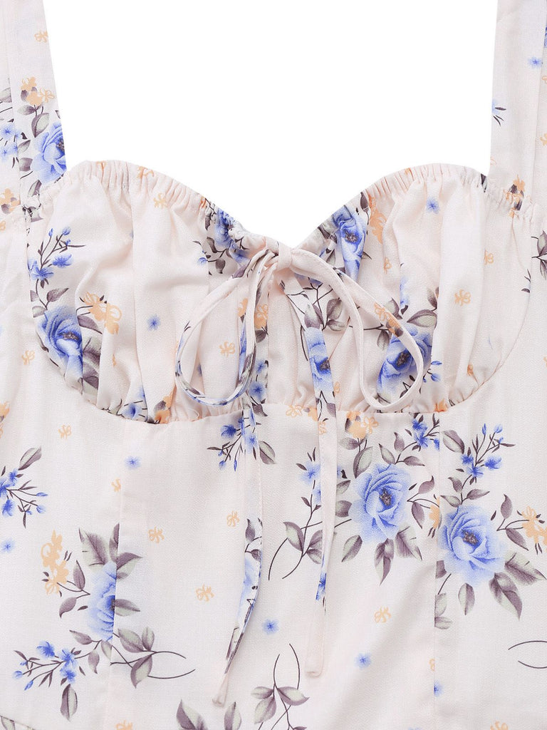 Beige 1950s Floral Lace-Up Side-Slit Dress