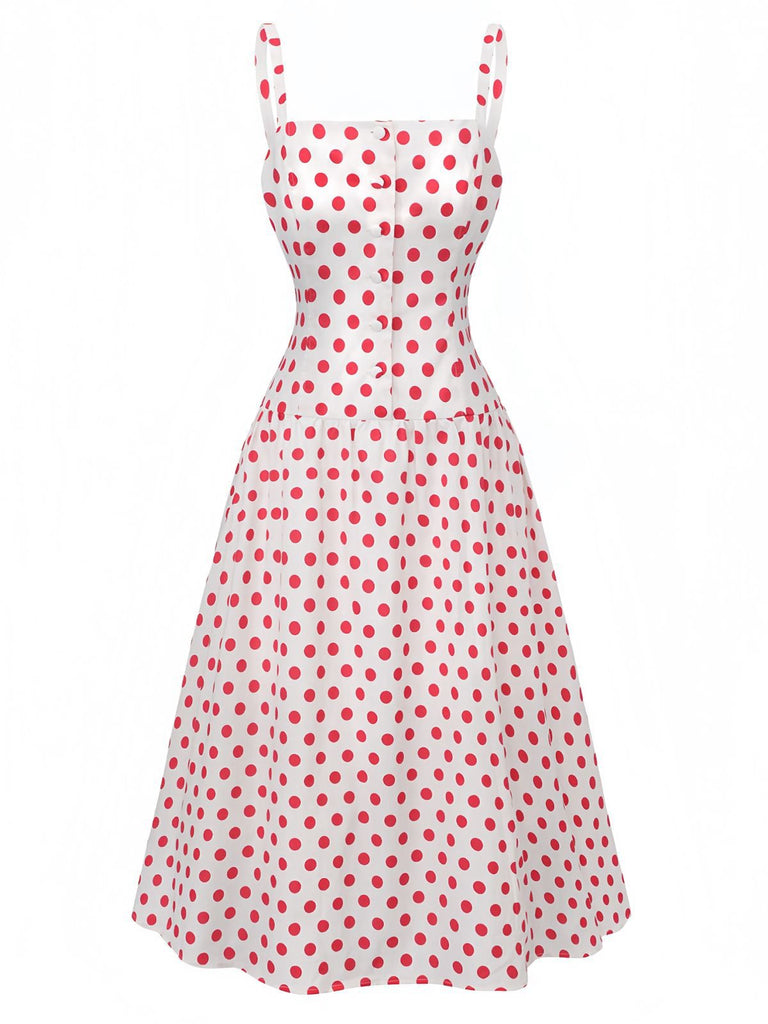 Red 1950s Polka Dot Square Neck Wide Strap Dress