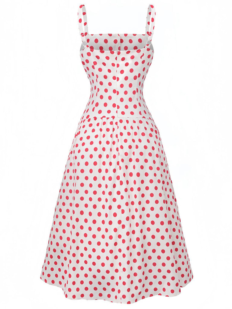 Red 1950s Polka Dot Square Neck Wide Strap Dress