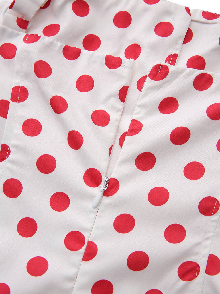 Red 1950s Polka Dot Square Neck Wide Strap Dress