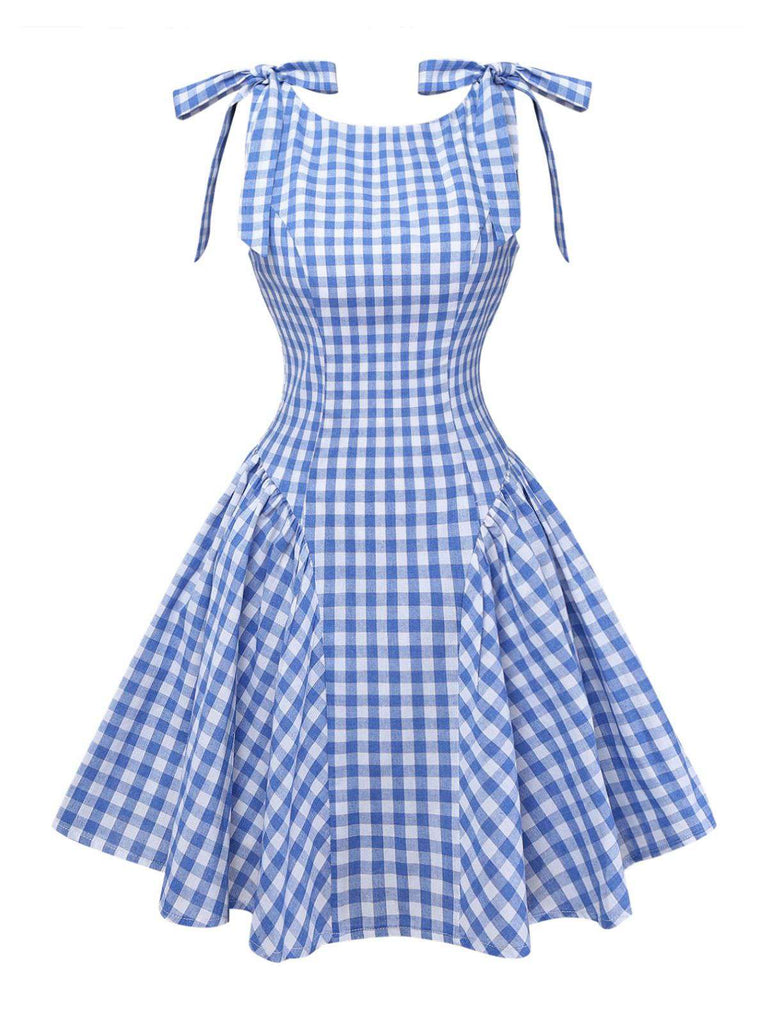 Blue 1960s Gingham Plaid Shoulder-Tie Empire Dress
