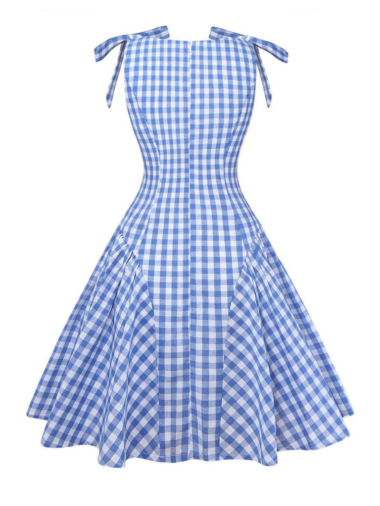Blue 1960s Gingham Plaid Shoulder-Tie Empire Dress