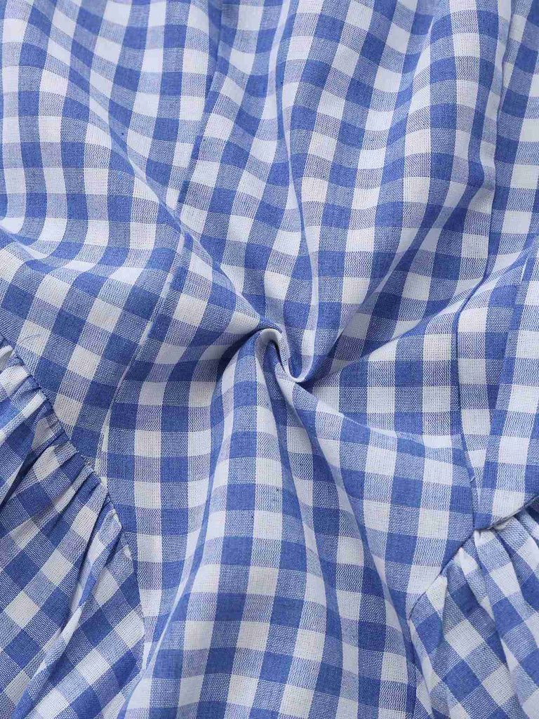 Blue 1960s Gingham Plaid Shoulder-Tie Empire Dress