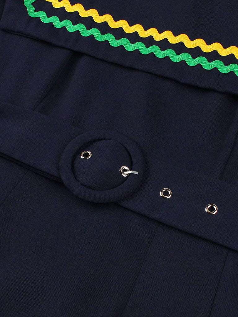 Navy Blue 1950s Square Neck Wavy Striped Sleeveless Dress