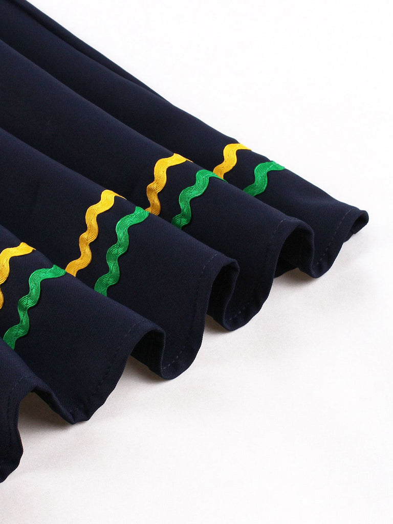 Navy Blue 1950s Square Neck Wavy Striped Sleeveless Dress