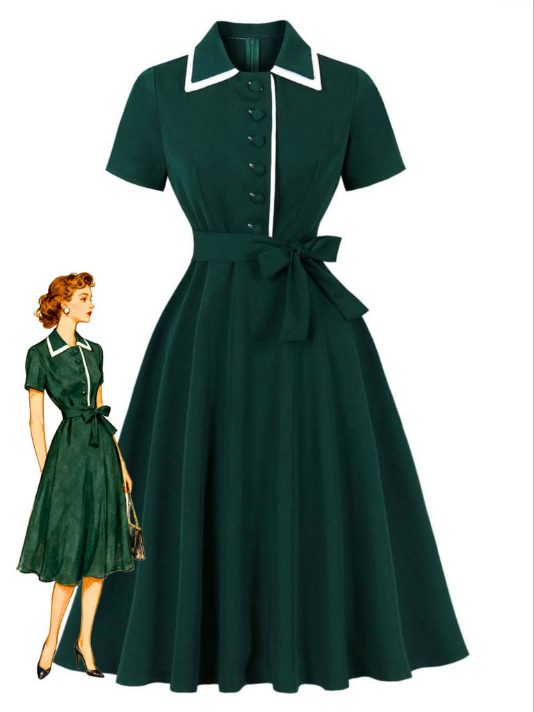 Dark Green 1950s Contrasted Lapel Swing Dress
