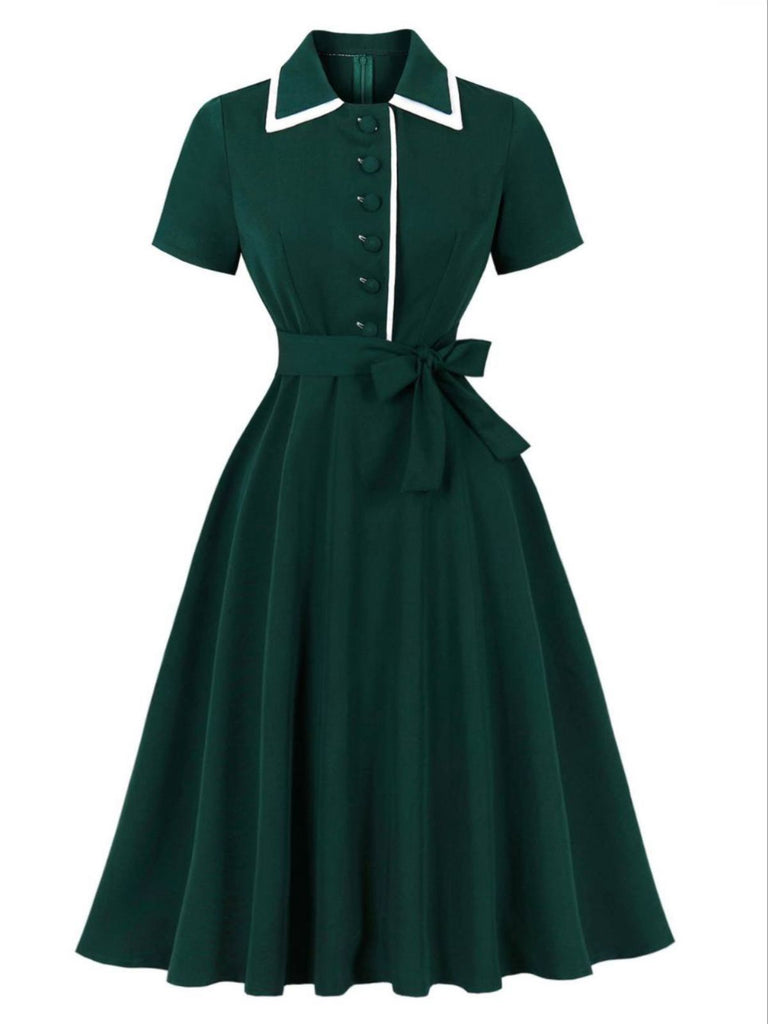 Dark Green 1950s Contrasted Lapel Swing Dress