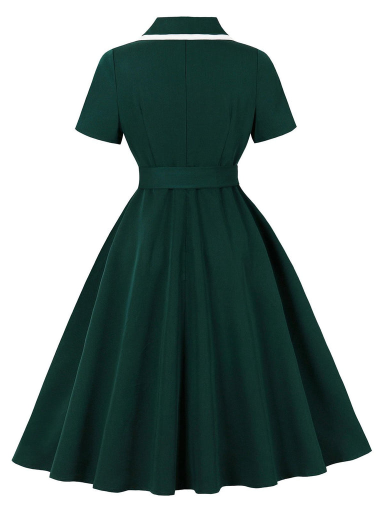 Dark Green 1950s Contrasted Lapel Swing Dress
