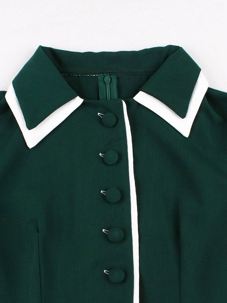 Dark Green 1950s Contrasted Lapel Swing Dress