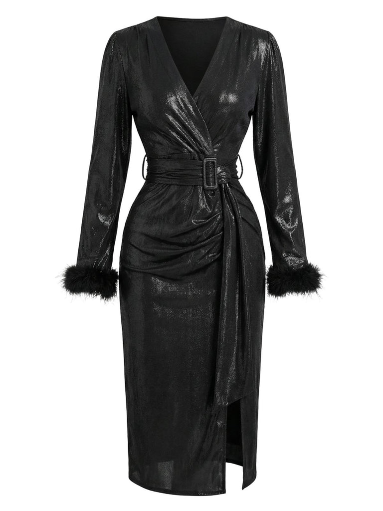 Black 1960s Faux Leather Belted Feather Sleeve Dress