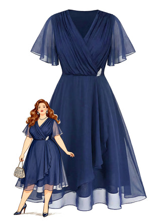 [Pre-Sale] [Plus Size] Navy Blue 1940S Wrap V-neck Short-Sleeve Brooch Chiffon Dress