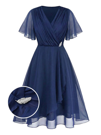 [Pre-Sale] [Plus Size] Navy Blue 1940S Wrap V-neck Short-Sleeve Brooch Chiffon Dress