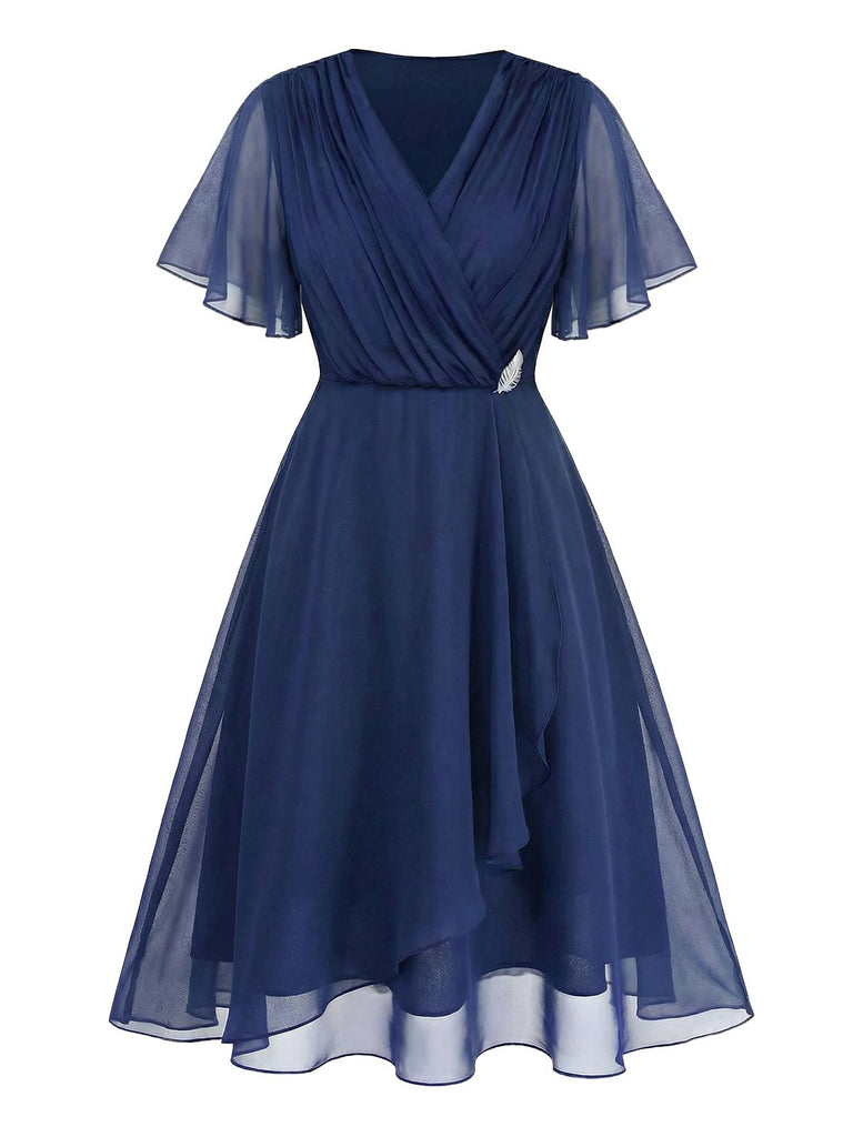 [Pre-Sale] [Plus Size] Navy Blue 1940S Wrap V-neck Short-Sleeve Brooch Chiffon Dress