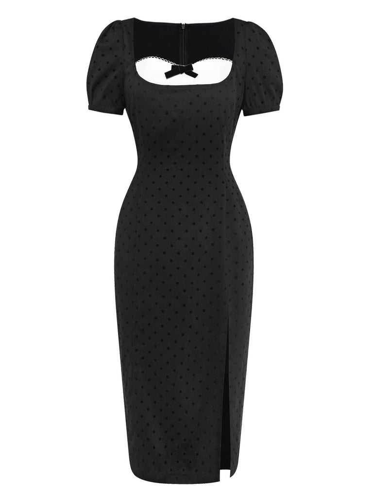 [Pre-Sale] Black 1960s Polka Dot Colorblock Bow Dress