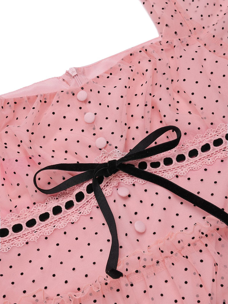[Pre-Sale] Pink 1950s Polka Dot Square-Neck Ruffle Mesh Dress