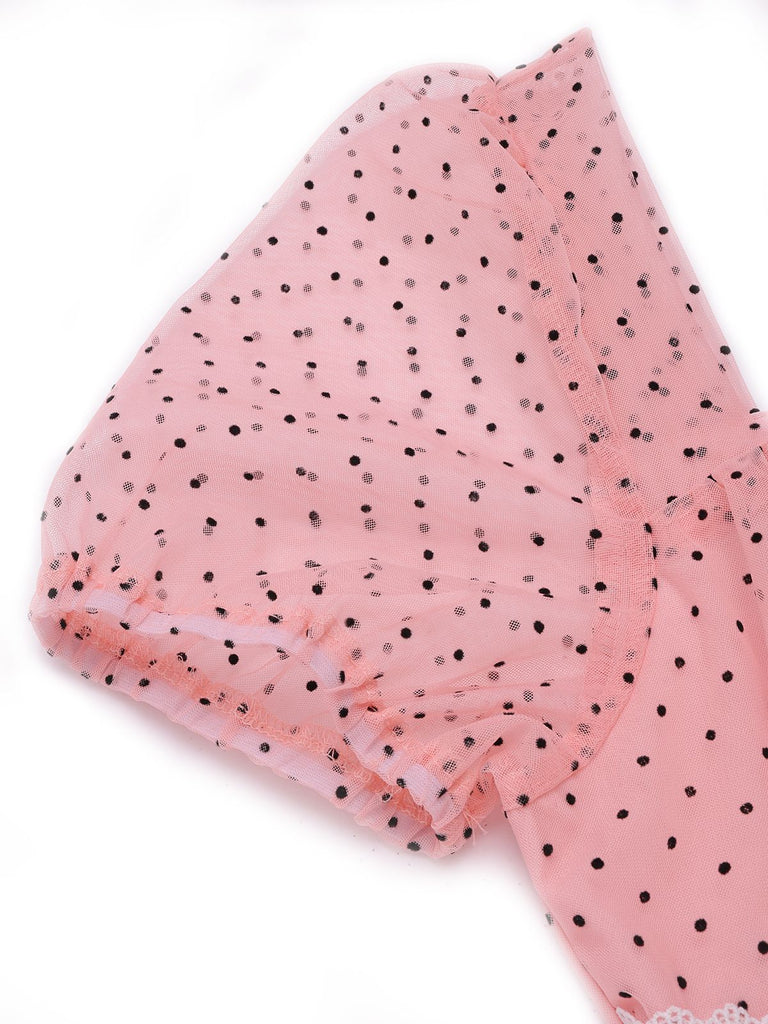 [Pre-Sale] Pink 1950s Polka Dot Square-Neck Ruffle Mesh Dress