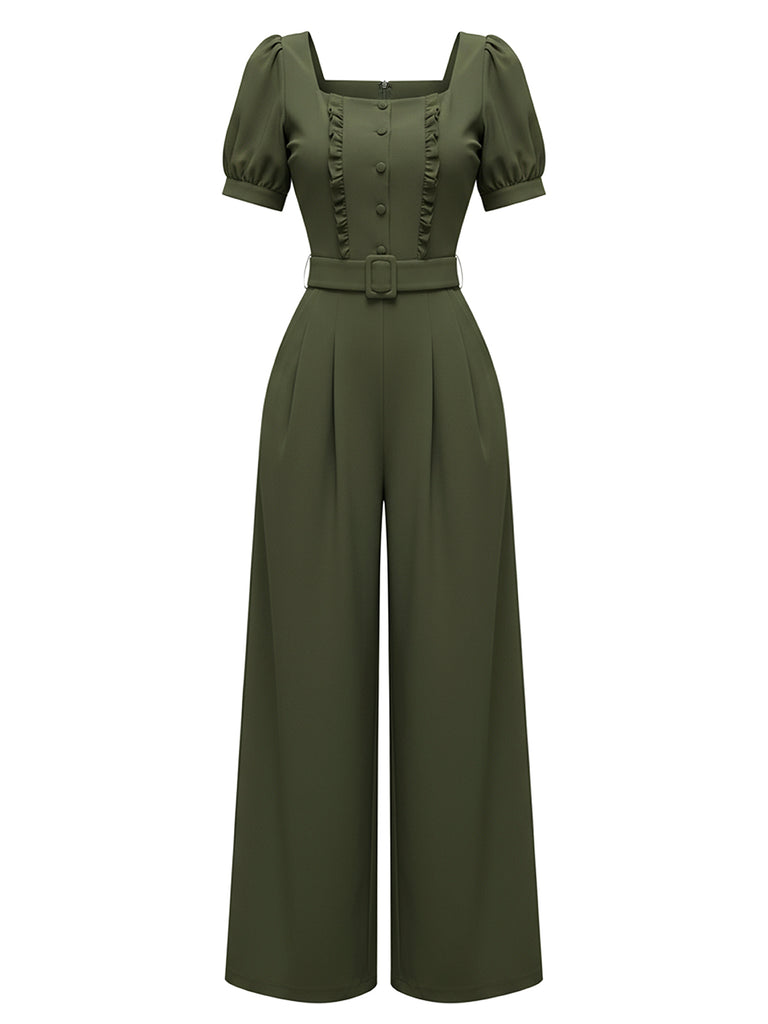 [Pre-Sale] Green 1960s Solid Ruffle Puff Sleeve Jumpsuit
