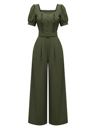 [Pre-Sale] Green 1960s Solid Ruffle Puff Sleeve Jumpsuit