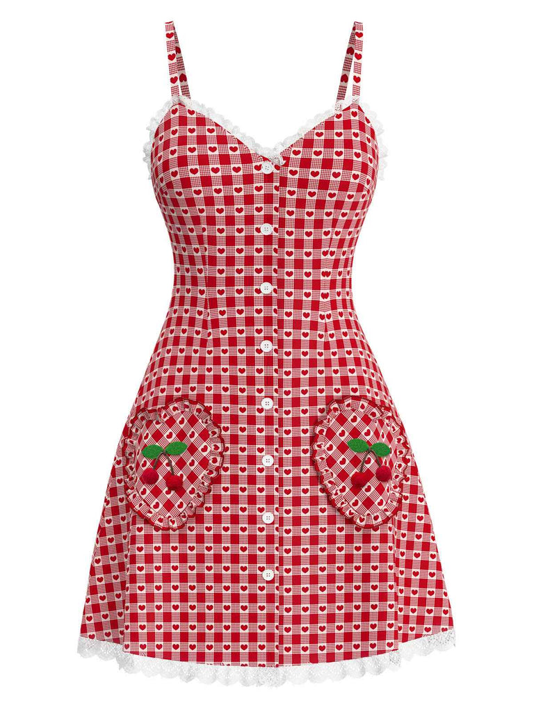 [Pre-Sale] Red 1960s Heart Cherry Plaid Lace Slip Dress