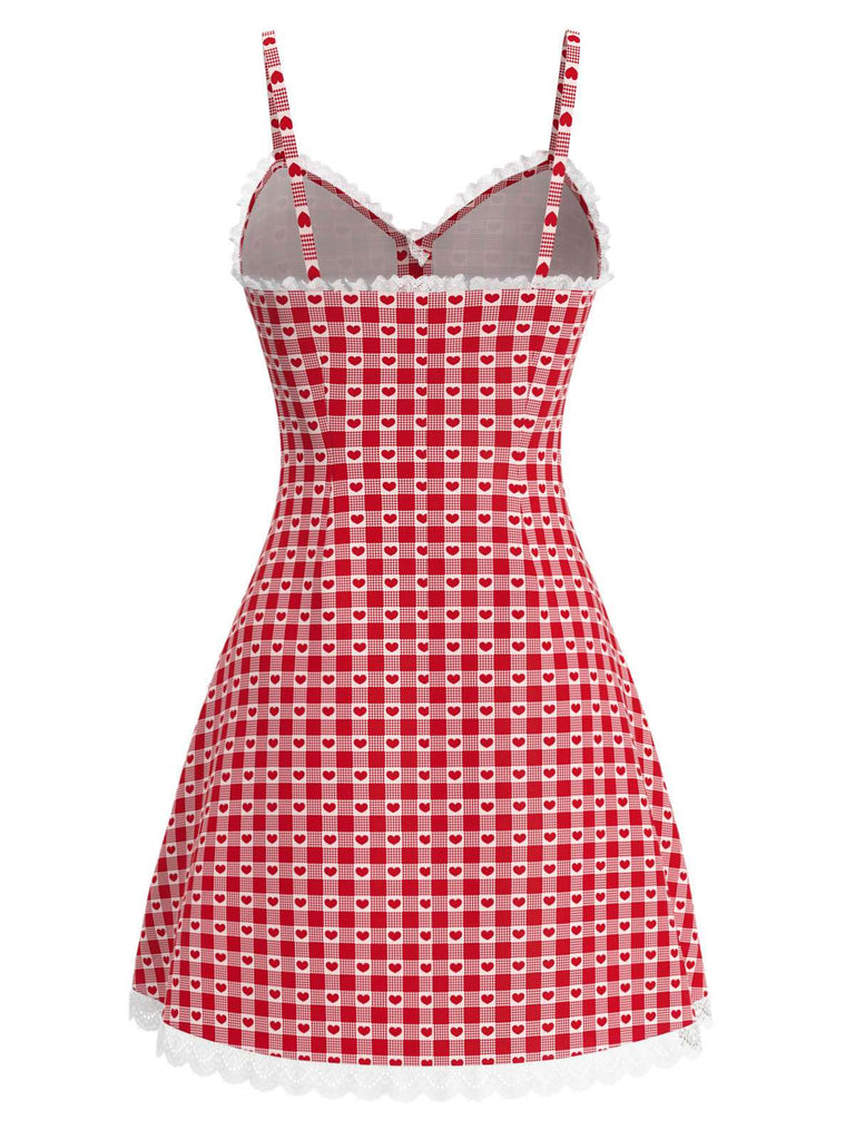 [Pre-Sale] Red 1960s Heart Cherry Plaid Lace Slip Dress