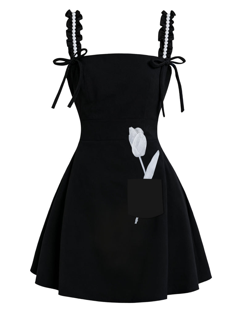 [Pre-Sale] Black 1960s Bow Pearls Ruffled 3D Tulip Dress