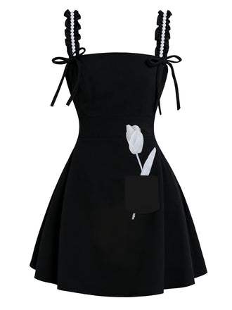[Pre-Sale] Black 1960s Bow Pearls Ruffled 3D Tulip Dress
