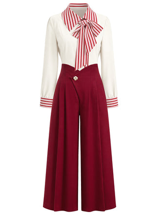 [Pre-Sale] 2PCS Red & White Striped Blouse & Rose Button Pants