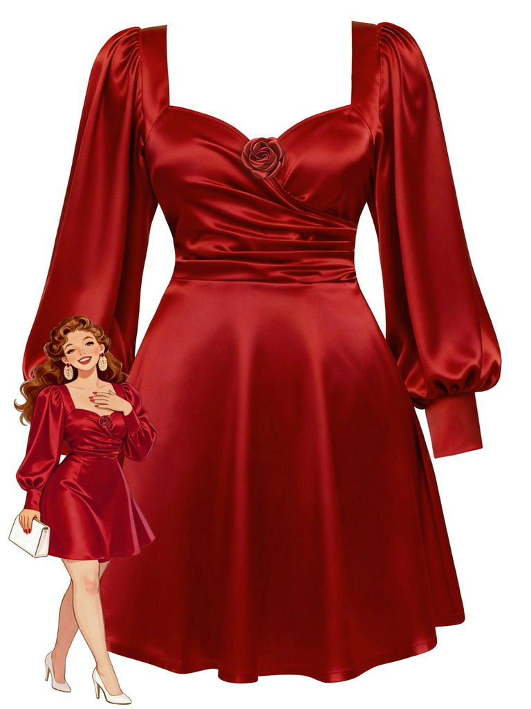 [Pre-Sale] [Plus Size] Burgundy 1960s Solid Valentine Satin 3D Rose Dress