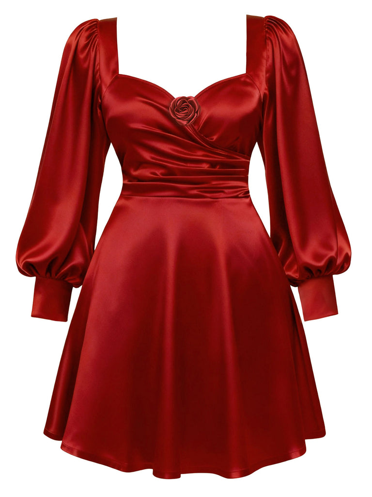 [Pre-Sale] [Plus Size] Burgundy 1960s Solid Valentine Satin 3D Rose Dress