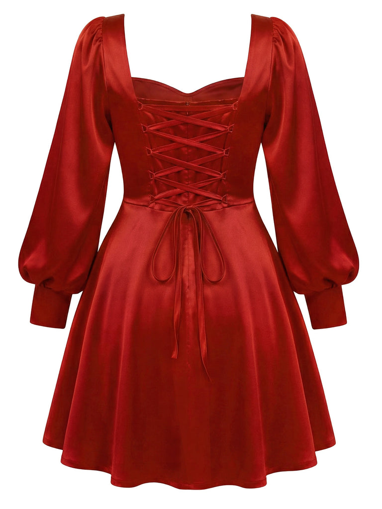 [Pre-Sale] [Plus Size] Burgundy 1960s Solid Valentine Satin 3D Rose Dress