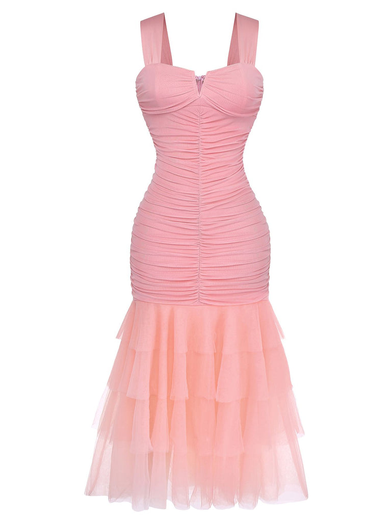 1930s Solid Mesh Patchwork Ruched Bodycon Dress