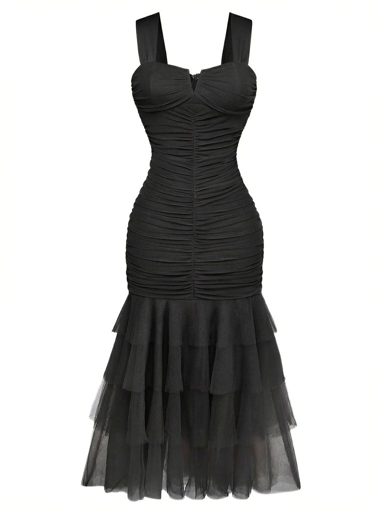 1930s Solid Mesh Patchwork Ruched Bodycon Dress