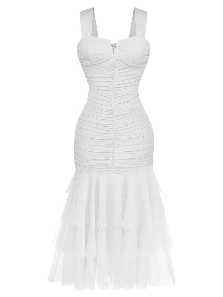 1930s Solid Mesh Patchwork Ruched Bodycon Dress