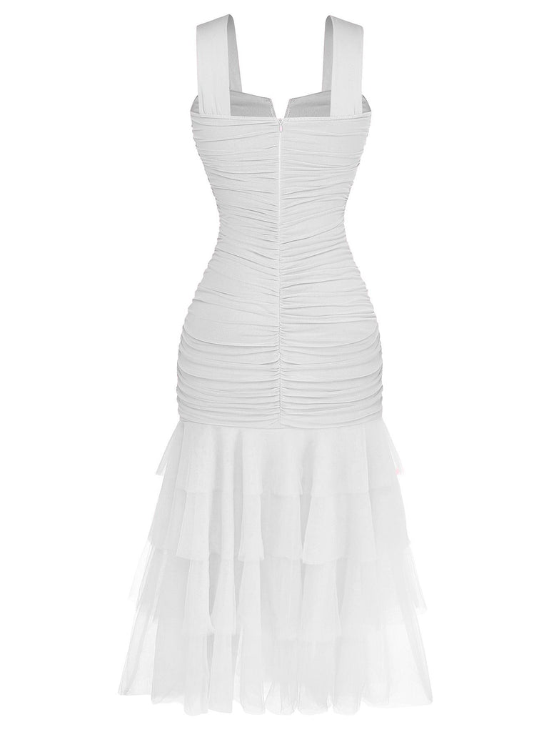 1930s Solid Mesh Patchwork Ruched Bodycon Dress