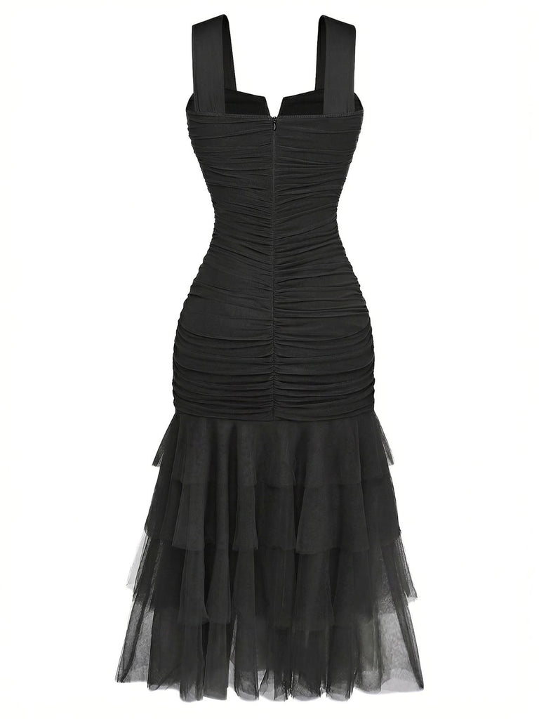1930s Solid Mesh Patchwork Ruched Bodycon Dress