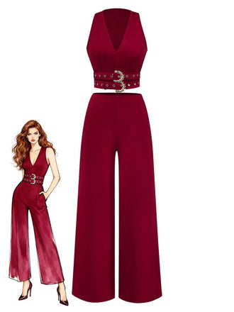 2PCS 1950s Deep-V Belted Detail Vest & Solid Pants