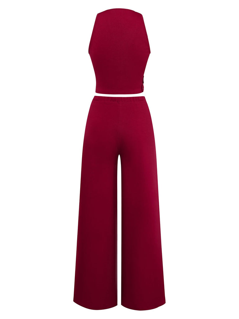 2PCS 1950s Deep-V Belted Detail Vest & Solid Pants