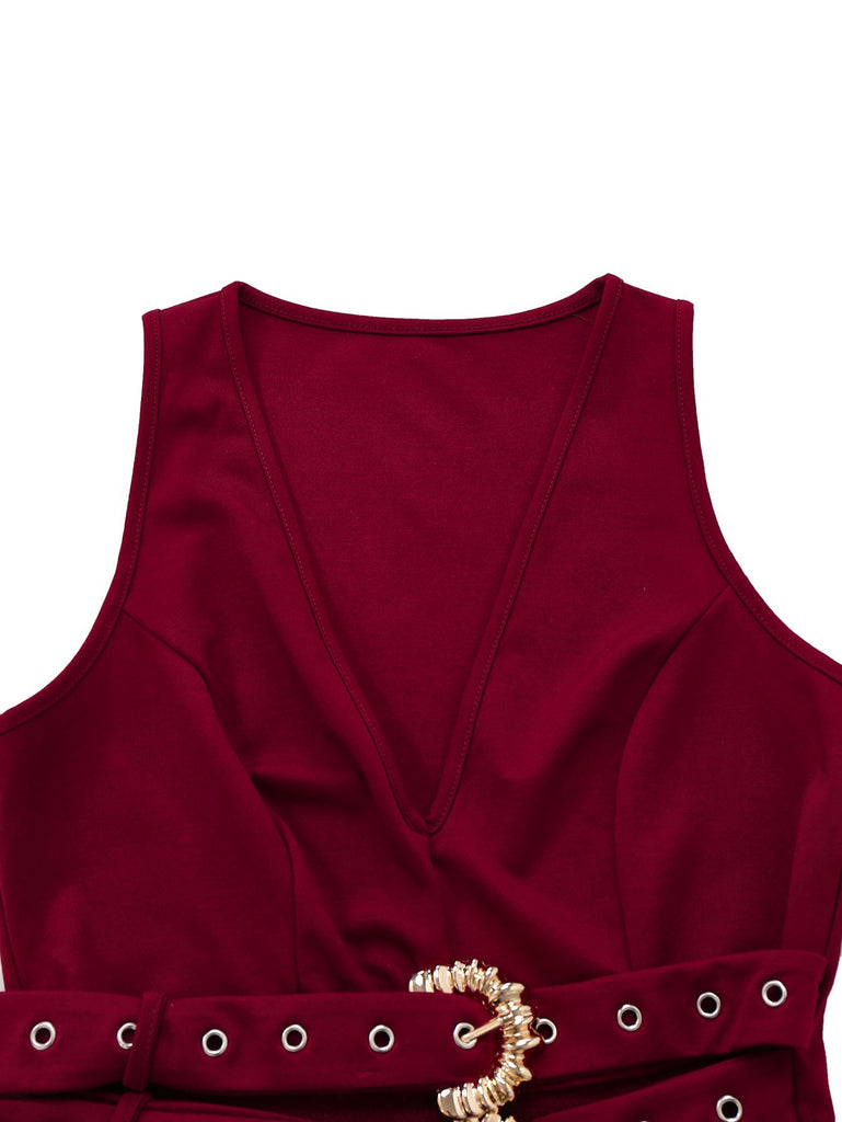 2PCS 1950s Deep-V Belted Detail Vest & Solid Pants