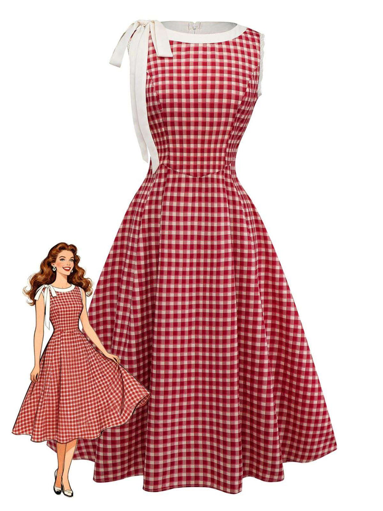 Red 1950s Gingham Plaid Sleeveless Lace Round Neck Dress