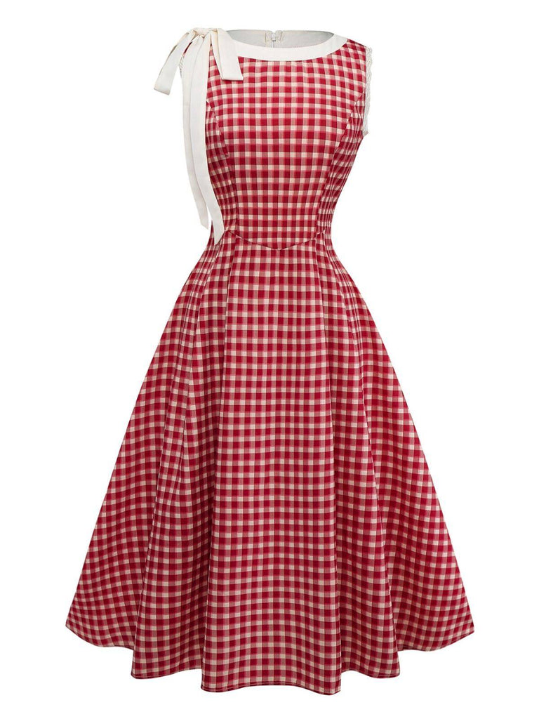 Red 1950s Gingham Plaid Sleeveless Lace Round Neck Dress